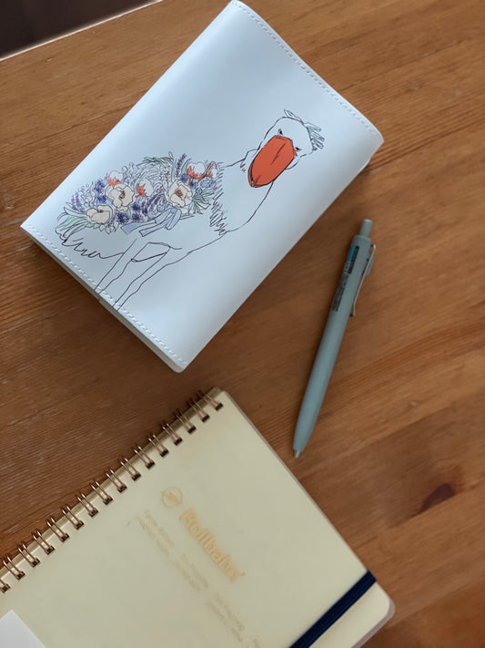 お花とハシビロコウのブックカバー 手帳カバー 文庫本 A6